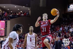 Nebraska Cornhusker guard Cale Jacobsen (31) makes lay up against the Oklahoma Sooners in the first half during a college men’s basketball game on Saturday, Nov 15, 2025, in Sioux Falls, South Dakota. Photo by John S. Peterson.