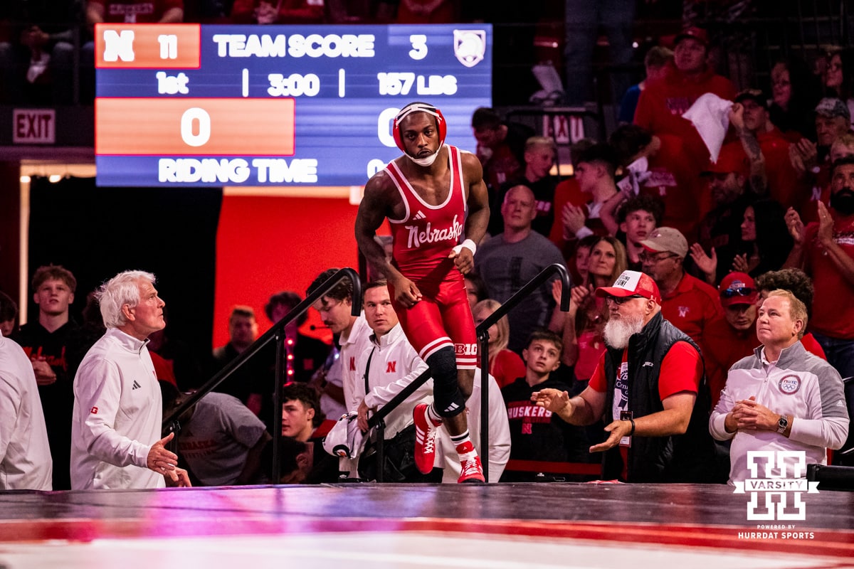 Nebraska's Antrell Taylor enters the mat during a college wrestling match against Army on Friday, November 7, 2025, in Lincoln, Nebraska. Photo by Dawson Anderson.