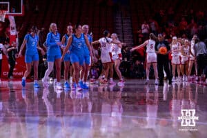 The Nebraska Cornhuskers celebrate the win over the Creighton Bluejays during a college women’s basketball game on Wednesday, Nov. 12, 2025, in Lincoln, Nebraska. Photo by John S. Peterson.