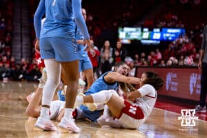 Creighton Bluejay guard Allison Heathcock (13) pushes Nebraska Cornhusker guard Kennadi Williams (15) during a college women’s basketball game on Wednesday, Nov. 12, 2025, in Lincoln, Nebraska. Photo by John S. Peterson.
