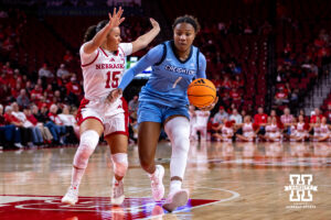 Creighton Bluejay guard Kendall McGee (1) dribbles the ball against Nebraska Cornhusker guard Kennadi Williams (15) during a college women’s basketball game on Wednesday, Nov. 12, 2025, in Lincoln, Nebraska. Photo by John S. Peterson.