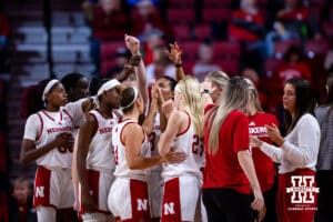 Nebraska Cornhuskers break their huddle during a college women’s basketball game to start the second half against the Creighton Bluejays on Wednesday, Nov. 12, 2025, in Lincoln, Nebraska. Photo by John S. Peterson.