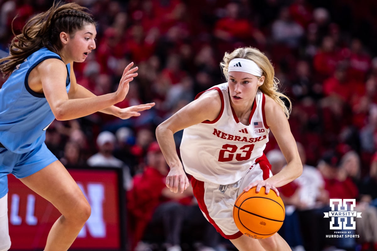 Nebraska Cornhusker guard Britt Prince (23) dribbles the ball against Creighton Bluejay guard Allison Heathcock (13) during a college women’s basketball game on Wednesday, Nov. 12, 2025, in Lincoln, Nebraska. Photo by John S. Peterson.
