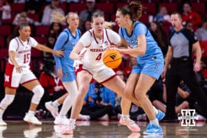 Nebraska Cornhusker forward Petra Bozan (4) defends against Creighton Bluejay center Elizabeth Gentry (35) during a college women’s basketball game on Wednesday, Nov. 12, 2025, in Lincoln, Nebraska. Photo by John S. Peterson.