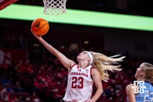 Nebraska Cornhusker guard Britt Prince (23) makes a lay up against the Creighton Bluejays during a college women’s basketball game on Wednesday, Nov. 12, 2025, in Lincoln, Nebraska. Photo by John S. Peterson.