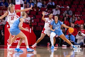 Nebraska Cornhusker forward Amiah Hargrove (33) guards Creighton Bluejay forward Grace Boffeli (42) along the baseline during a college women’s basketball game on Wednesday, Nov. 12, 2025, in Lincoln, Nebraska. Photo by John S. Peterson.