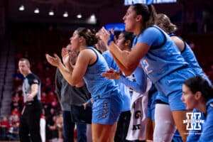 Creighton Bluejays bench celebrates a basket against the Nebraska Cornhuskers during a college women’s basketball game on Wednesday, Nov. 12, 2025, in Lincoln, Nebraska. Photo by John S. Peterson.