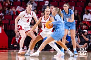 Nebraska Cornhusker guard Callin Hake (14) defends against Creighton Bluejay guard Norah Gessert (30) during a college women’s basketball game on Wednesday, Nov. 12, 2025, in Lincoln, Nebraska. Photo by John S. Peterson.