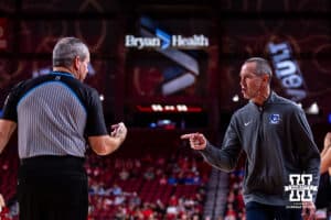 Creighton Bluejay head coach Jim Flanery reacts to the referees during a college women’s basketball game against the Nebraska Cornhuskers on Wednesday, Nov. 12, 2025, in Lincoln, Nebraska. Photo by John S. Peterson.