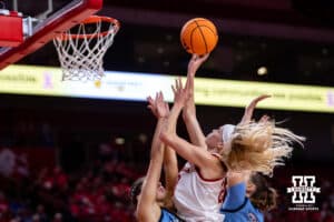 Nebraska Cornhusker guard Britt Prince (23) makes a lay up against the Creighton Bluejays in during a college women’s basketball game on Wednesday, Nov. 12, 2025, in Lincoln, Nebraska. Photo by John S. Peterson.