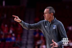 Creighton Bluejay head coach Jim Flanery reacts to the referees during a college women’s basketball game against the Nebraska Cornhuskers on Wednesday, Nov. 12, 2025, in Lincoln, Nebraska. Photo by John S. Peterson.