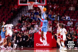 Creighton Bluejay guard Kendall McGee (1) makes a lay up against the Nebraska Cornhuskers during a college women’s basketball game on Wednesday, Nov 12, 2025, in Lincoln, Nebraska. Photo by John S. Peterson.