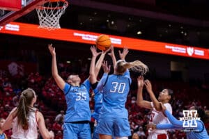 Creighton Bluejay center Elizabeth Gentry (35) grabs the rebound against the Nebraska Cornhuskers during a college women’s basketball game on Wednesday, Nov 12, 2025, in Lincoln, Nebraska. Photo by John S. Peterson.