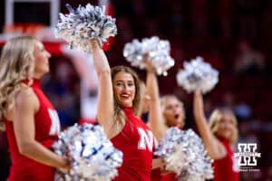 Nebraska Cornhuskers dance team performs at a break in the action against the Creighton Bluejays during a college women’s basketball game on Wednesday, Nov. 12, 2025, in Lincoln, Nebraska. Photo by John S. Peterson.