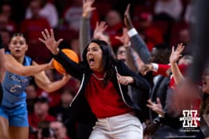 Nebraska Cornhusker head coach Amy Williams reacts to a referee in the first quarter against the Creighton Bluejays during a college women’s basketball game on Wednesday, Nov. 12, 2025, in Lincoln, Nebraska. Photo by John S. Peterson.