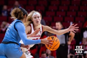 Nebraska Cornhusker guard Britt Prince (23) guards Creighton Bluejay guard Kiani Lockett (11)during a college women’s basketball game on Wednesday, Nov. 12, 2025, in Lincoln, Nebraska. Photo by John S. Peterson.