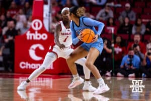 Nebraska Cornhusker guard Hailey Weaver (1) guards Creighton Bluejay guard Kiani Lockett (11) in the first quarter during a college women’s basketball game on Wednesday, Nov. 12, 2025, in Lincoln, Nebraska. Photo by John S. Peterson.