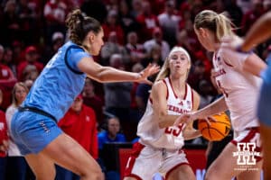Nebraska Cornhusker guard Britt Prince (23) makes a pass to Petra Bozan against Creighton Bluejay center Elizabeth Gentry (35) in the first quarter during a college women’s basketball game on Wednesday, Nov. 12, 2025, in Lincoln, Nebraska. Photo by John S. Peterson.