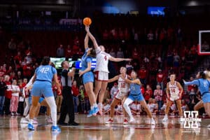 Nebraska Cornhusker forward Petra Bozan (4) and Creighton Bluejay center Elizabeth Gentry (35) jump for the tip-off during a college women’s basketball game on Wednesday, Nov. 12, 2025, in Lincoln, Nebraska. Photo by John S. Peterson.
