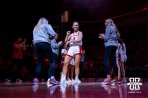 Nebraska Cornhusker guard Callin Hake (14) runs out for introductions against the Creighton Bluejays during a college women’s basketball game on Wednesday, Nov. 12, 2025, in Lincoln, Nebraska. Photo by John S. Peterson.