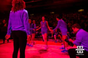Creighton Bluejay guard Allison Heathcock (13) runs out for introductions during a college women’s basketball game against the Nebraska Cornhuskers on Wednesday, Nov. 12, 2025, in Lincoln, Nebraska. Photo by John S. Peterson.