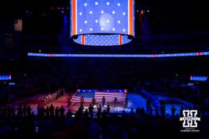 Nebraska Cornhuskers and Creighton Bluejays line up for the National Anthem before a college women’s basketball game on Wednesday, Nov 12, 2025, in Lincoln, Nebraska. Photo by John S. Peterson.