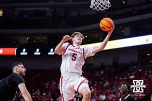 Nebraska Cornhusker forward Braden Frager (5) makes a lay up against the Maryland Eastern Shore Hawks in the second half during a college men’s basketball game on Tuesday, November 11, 2025, in Lincoln, Nebraska. Photo by John S. Peterson.