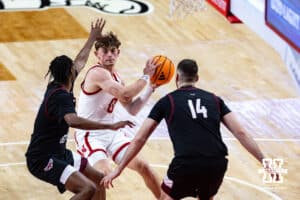 Nebraska Cornhusker guard Connor Essegian (0) drives to the basket against the Maryland Eastern Shore Hawks in the second half during a college men’s basketball game on Tuesday, November 11, 2025, in Lincoln, Nebraska. Photo by John S. Peterson.