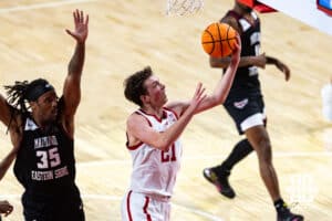 Nebraska Cornhusker forward Pryce Sandfort (21) makes a lay up against the Maryland Eastern Shore Hawksin the second half during a college men’s basketball game on Tuesday, November 11, 2025, in Lincoln, Nebraska. Photo by John S. Peterson.