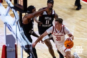 Nebraska Cornhusker guard Cale Jacobsen (31) dribbles the ball against the Maryland Eastern Shore Hawks second half during a college men’s basketball game on Tuesday, November 11, 2025, in Lincoln, Nebraska. Photo by John S. Peterson.