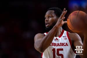 Nebraska Cornhusker forward Jared Garcia (15) looks to pass the ball against the Maryland Eastern Shore Hawks in the first half during a college men’s basketball game on Tuesday, November 11, 2025, in Lincoln, Nebraska. Photo by John S. Peterson.