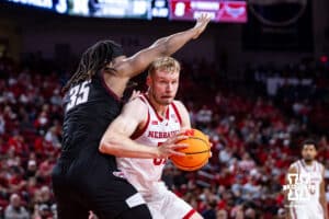 Nebraska Cornhusker forward Rienk Mast (51) pivots to the basket against Maryland Eastern Shore Hawk forward Christopher Flippin (35) in the first half during a college men’s basketball game on Tuesday, November 11, 2025, in Lincoln, Nebraska. Photo by John S. Peterson.