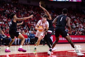 Nebraska Cornhusker forward Berke Buyuktuncel (9) drives to the basket against the Maryland Eastern Shore Hawks during a college men’s basketball game on Tuesday, November 11, 2025, in Lincoln, Nebraska. Photo by John S. Peterson.