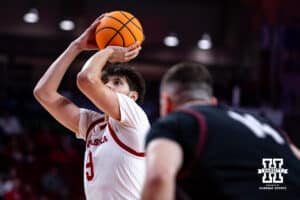 Nebraska Cornhusker forward Berke Buyuktuncel (9) makes a free throw against the Maryland Eastern Shore Hawks during a college men’s basketball game on Tuesday, November 11, 2025, in Lincoln, Nebraska. Photo by John S. Peterson.