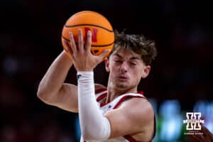 Nebraska Cornhusker guard Connor Essegian (0) grabs the reboiund against the Maryland Eastern Shore Hawks in the first half during a college men’s basketball game on Tuesday, November 11, 2025, in Lincoln, Nebraska. Photo by John S. Peterson.