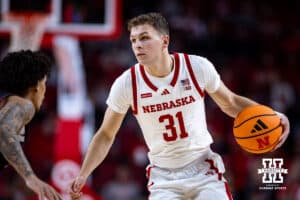 Nebraska Cornhusker guard Cale Jacobsen (31) dribbles the ball against the Maryland Eastern Shore Hawks in the first half during a college men’s basketball game on Tuesday, November 11, 2025, in Lincoln, Nebraska. Photo by John S. Peterson.
