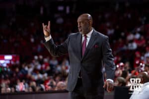 Maryland Eastern Shore Hawk head coach Cleo Hill Jr. gives a signal to his players against the Nebraska Cornhuskers during a college men’s basketball game on Tuesday, November 11, 2025, in Lincoln, Nebraska. Photo by John S. Peterson.