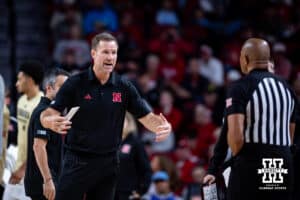 Nebraska Cornhusker head coach Fred Hoiberg talks to the referee at a break in the acton against the Maryland Eastern Shore Hawks in the firt half during a college men’s basketball game on Tuesday, November 11, 2025, in Lincoln, Nebraska. Photo by John S. Peterson.