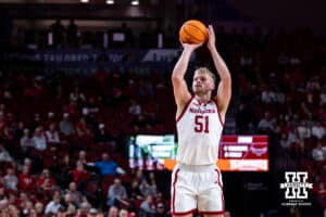 Nebraska Cornhusker forward Rienk Mast (51) makes a three-point shot against the Maryland Eastern Shore Hawks in the first half during a college men’s basketball game on Tuesday, November 11, 2025, in Lincoln, Nebraska. Photo by John S. Peterson.