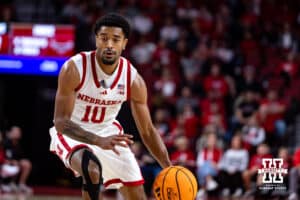 Nebraska Cornhusker guard Jamarques Lawrence (10) dribbles the ball down the court against the Maryland Eastern Shore Hawks in the first half during a college men’s basketball game on Tuesday, November 11, 2025, in Lincoln, Nebraska. Photo by John S. Peterson.