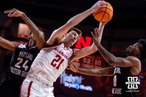 Nebraska Cornhusker forward Pryce Sandfort (21) grabs the reobund aginst Maryland Eastern Shore Hawks in the first half during a college men’s basketball game on Tuesday, November 11, 2025, in Lincoln, Nebraska. Photo by John S. Peterson.