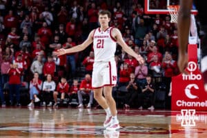 Nebraska Cornhusker forward Pryce Sandfort (21) celebrates making a three-point shot against the Maryland Eastern Shore Hawks in the first half during a college men’s basketball game on Tuesday, November 11, 2025, in Lincoln, Nebraska. Photo by John S. Peterson.