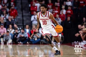 Nebraska Cornhusker guard Jamarques Lawrence (10) dribbles the ball down the court against the Maryland Eastern Shore Hawks in the first half during a college men’s basketball game on Tuesday, November 11, 2025, in Lincoln, Nebraska. Photo by John S. Peterson.