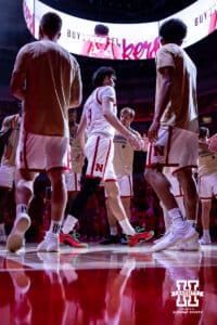 Nebraska Cornhusker forward Berke Buyuktuncel (9) walks out for introductions against the Maryland Eastern Shore Hawks during a college men’s basketball game on Tuesday, November 11, 2025, in Lincoln, Nebraska. Photo by John S. Peterson.