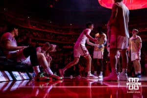 Nebraska Cornhusker forward Pryce Sandfort (21) walks out for introductions against the Maryland Eastern Shore Hawks during a college men’s basketball game on Tuesday, November 11, 2025, in Lincoln, Nebraska. Photo by John S. Peterson.