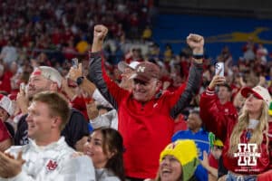 Nebraska Cornhusker fan celebrates at touchdown against the UCLA Bruins during a college football game on Saturday, November 8, 2025, in Pasadena, California. Photo by John S. Peterson.