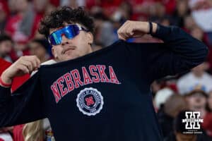 Nebraska Cornhusker fans pose for a photo during a college football game against the UCLA Bruins on Saturday, November 8, 2025, in Pasadena, California. Photo by John S. Peterson.