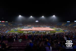 A large American flag displayed at halftime as a tribute to the military celebrating the veterans during a college football game against the Nebraska Cornhuskers on Saturday, November 8, 2025, in Pasadena, California. Photo by John S. Peterson.
