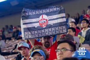 Nebraska Cornhuskers fan holds up a Blackshirts flag during a college football game against the UCLA Bruins on Saturday, November 8, 2025, in Pasadena, California. Photo by John S. Peterson.