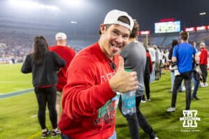 Nebraska Cornhusker fan and actor Adam Devine poses for a fun photo before the start of the college football game Nebraska Cornhuskers on Saturday, November 8, 2025, in Pasadena, California. Photo by John S. Peterson.